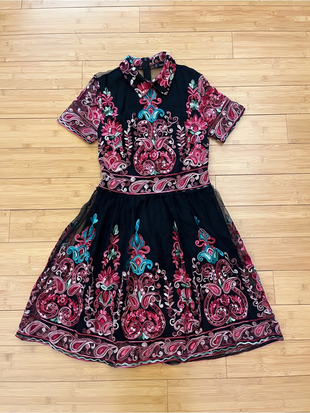 SHEIN Black Short Sleeve Dress with Pink & Teal Embroidery
